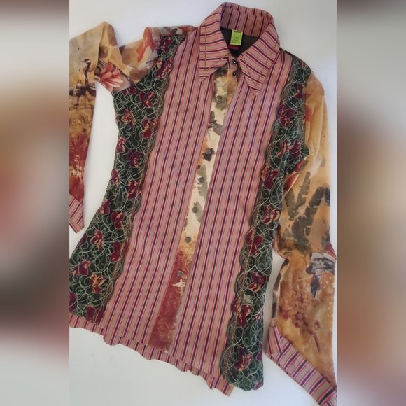 SAVE THE QUEEN long sleeve mixed fabric button down blouse, size L, colorful - Picture 8 of 11